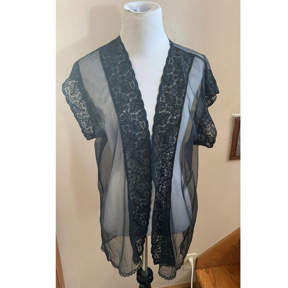 VTG Frederick’s Of Hollywood black Open lace sleep lingerie cover up robe Size M